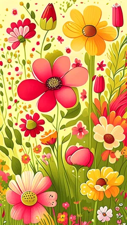 Spring flowers, art, drawing, very illustrative, children book style, detailed, vibrant colors.