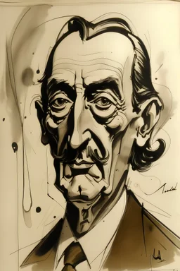 ink sketch portrait of Salvatore Dali, stained paper