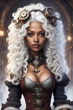 young mulatto steampunk sorceress, with wavy snow white hair, without hat