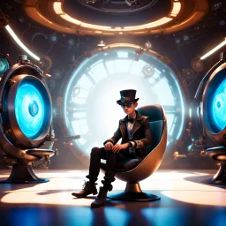 In a futuristic room, designed in a Pixar Disney style, a cool guy is sitting on a chair. The floor has a subtle shadow, adding depth to the image. The chair is placed at the center of the room, and the guy is dressed in stylish Steampunk fashion, including a fancy hat. The entire picture exudes a creative and entertaining atmosphere, typical of Pixar Disney's style.