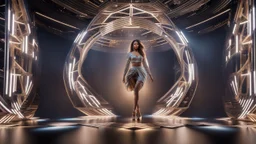a 16 by 9 picture of 3d fractal stage structre made of metallic color 3d recursive structures, pertty artistc background,dynamic animating lights,a beautiful lady in pretty maxi skirt and blouse dancing on stage