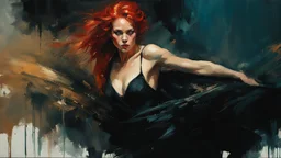 muscular russian woman 28yo with red hair, on a pinup poster : dark mysterious esoteric atmosphere :: digital matt painting with rough paint strokes by Jeremy Mann + Carne Griffiths + Leonid Afremov, black canvas