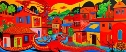 An orangish red village with a fiery dragon palace designed in Australian aboriginal art painted by Stuart Davis