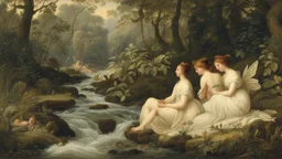 Nymphs sitting next to a stream, in a woodland clearing