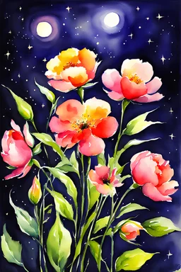 night, flowers, watercolor paintings