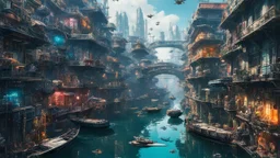 Water-level view of buildings on a canal, made of metal, cyberpunk, many painted colours, floating and flying boats, balconies, bridges, people, shopping, eating, walking, fifth element, ghost in the shell, altered carbon