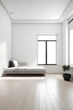 Sala mínimalista con paredes blancas y piso de madera estilo duela