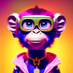 pixar style anamorphic cute cyberpunk monkey baby, smiling,gangsta gold neckless, full body, magenta puffer jacket, manila city backdrop, dramatic lighting, hyper realistic, unreal engine 5, 16k