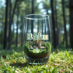 Create hyper-realistic photo of a glass tumbler in a wild forest. Inside, a miniature [Baku] with landmarks. A trasparrent 3D text of [Baku] blends naturally into the landscape . Soft bright daylight, reflections, and subtle imperfections like fingerprints. DSLR quality, sharp focus.