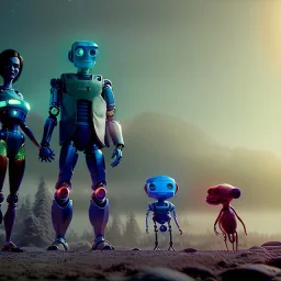 Ultra Realistic family portrait, father, mother, daughter, alien pet, assistant robot, room home, retro futuristic scene, wes Anderson style. smile, happy, gradient color fog. highly detailed, concept art, unreal engine 5, ray tracing, RTX, lumen lighting, ultra detail, volumetric lighting, 3d, finely drawn, high definition, high resolution.