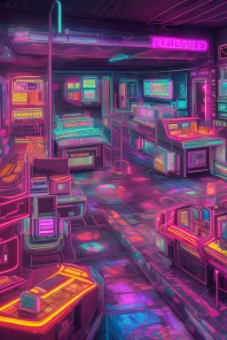 A dark photo of a full panoramic view an 80's aesthetics arcade at night, with a lot of functioning arcade machines, a vaporwave floor and some colorful tiles in between the floor. Purple aesthetics. Full panoramic view