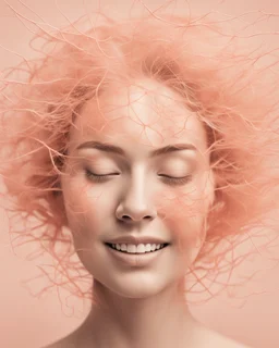 a woman face smiling, close eyes, pastel peach colors, face and hair in neuron thread imitation