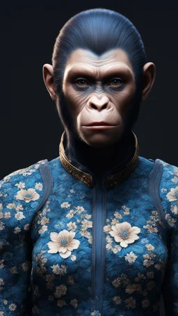 mugshot, Planet of the Apes, blue, large, floral designs, atmospheric, beautiful, China Doll, , dark background, mid shot, full body, neutral expression, buzzcut hair, ultra realistic, highres, superb, 8k wallpaper, extremely detailed, intricate, limited palette,