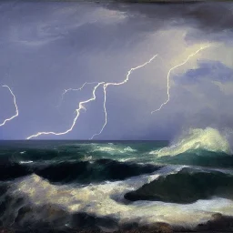 Frank Duveneck, painting, ocean, waves, lightning bolts, photo realistic, 8k, storm, blizzard, hurricane