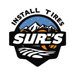 logo for a shop that installs tires and does oil changes, inside a shield shape, in the style of national parks stickers