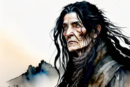 ink wash and watercolor illustration of an ancient grizzled, gnarled female vagabond wanderer, long, black hair streaked with grey, highly detailed facial features, sharp cheekbones. Her eyes are black. She wears weathered roughspun Celtic clothes, emaciated and tall, with pale skin, full body , thigh high leather boots within a forest of massive ancient oak trees in the comic book style of Bill Sienkiewicz and Jean Giraud Moebius , dramatic natural light and shadow, rich vibrant colors