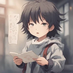 I want a picture of a child. He receives a message from a mysterious person. I want it to be an anime