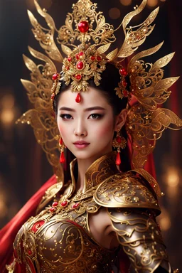 Realistic photography,front_view, Beautiful Queen fairy super model Chinese Woman, brown hair,dressing luxury party gown,looking at viewer,traditional dress ornaments mechanical armor china traditional, intricate armor, delicate golden shine bright, black metalic parts, detailed part, jewelry diamonds,dynamic pose,abstrac background, dynamic lighting, red hour, full body portrait