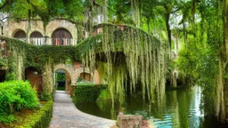 Gigantic mushroom village with balconies, archways, stairs, bridges, bushes, spanish moss, ivy, lake, a winding pathway through the middle