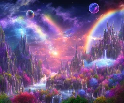 cielo cosmico insieme al mondo fantasy, astronavi tra le stelle prati pieni di fiori colorati,(arcobaleno) con un castello con piscine e cascate