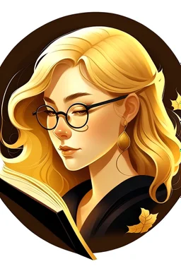 generiere mir ein Logo mit einem dunkelblonden Mädchen im Alter von 25 mit einer Duttfrisur im Profil und einer goldenen Brille auf der Nase, die ein Fantasaybuch liest. Die Farben sind lila, türkis und weiß sein.