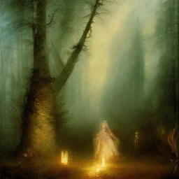 romantic painting, william Turner, watercolor, dark robed poet in magical forest