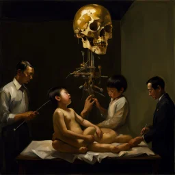 a huge golden brain supported by very small beautiful Asian female human bodies, complex surgical instruments mix a newborn boy between light and shadow, surrealism, symbolism, minimalism, sculpture by Adrian Ghenie, Lucian Freud, Rene Magritte, Salvador Dali