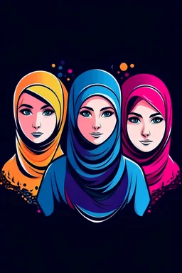 colorful logo, minimalist logo illustration of vector art of an This beautiful set of girls in hijab clipart head 'Hijabi Best Friends, front facing, magic, sharp design, smooth, monochromatic colorful, dark magic splash, t-shirt design, in the style of Studio Ghibli, The design should be in vector art, showcasing the deer. Use Adobe Illustrator to craft the logo with crisp lines and a simple yet captivating look. Keep the design centered on the cat's eyes, capturing their uniqueness