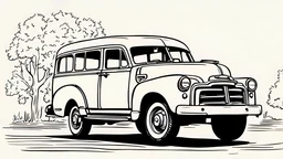1952 GMC Suburban Carry All Wagon, long chasis, portrait in the style of a illustration drawing, simple line