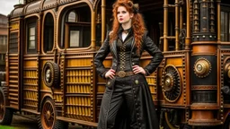 full-length portrait of a pale-faced steampunk woman with auburn wavy shoulder-length hair, with detailed metal arms and legs, dressed in leather trousers, and a jacket, standing beside a steam carriage