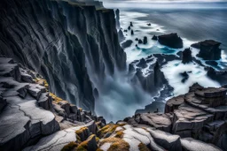 This mesmerizing ocean cliff scene captures the dramatic power and beauty of nature. Towering rugged cliffs stand majestically against the vast expanse of the ocean, where the water pours into a singular bottomless pit. The cliffs, with their sharp and jagged edges, create a stark contrast to the rough, flowing water, making the scene even more captivating. Sunlight pierces through the mist rising from the waterfalls, creating a magical, ethereal atmosphere