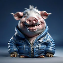 A north pole pig wearing a jean jacket with smile face, sleep pose, artic background, realistic render