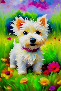 oil painting of playful westie puppy in field of flowers, leonid afremov style