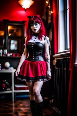 skinny goth woman in a short pleated skirt, white stockings, red corset, dark red hair with bangs