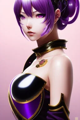 Detailed cute anime Kunoichi girl, purple hair buns, purple bangs, black latex bodysuit, intricate details, full body portrait, keep head in frame, slight smile, black Japanese motif, concept art, highly detailed, digital painting, concept art, sharp focus, illustration, art by Yoji Shinkawa, WLOP and greg rutkowski and alphonse mucha and artgerm and yanjun Chen and Junji ito and Makoto Shinkai, HDR, octane render