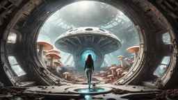 woman standing inside the interior of a ruined alien spaceship, with a circular window, overrun with mushrooms with jellyfish tentacles