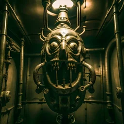 grotesque figure hanging in a submarine engine room