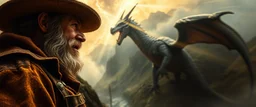 master oil painting by Rembrandt, close up portrait of farmer in Valdres parying below raging dragon, light beams through volume fog sky in mountain pass, dragon cast spells of lightening, motion blurred background, depth of field