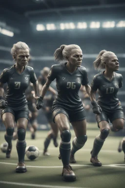 hyper violent ogre women soccer team in the Olympics in the style of Giger and fallout 4 ,,bokeh like f/0.8, tilt-shift lens 8k, high detail, smooth render, down-light, unreal engine
