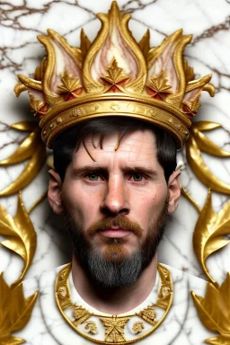 Realistic image, bas relief sculpture made in white marble with gold veins, Lionel messi with gold laurel leaves crown, decorative star on the chest, waist up portrait, marble material, gold ornaments, Baroque style, sun rays background, epic, celestial, cinematic lighting, God lights, 4k resolution, smooth details, soft lighting, unreal engine 5, art station, substance 3d.