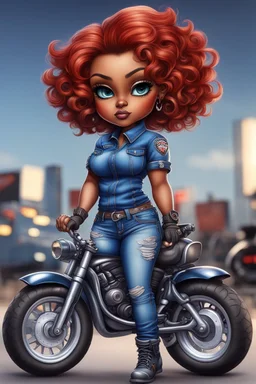 create an airbrush illustration of a chibi cartoon voluptuous black female wearing a blue jean outfit with biker boots. Prominent make up with hazel eyes. Extremely highly detail of a very low red pixie haircut. Background of a bike show.