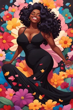 A sassy thick-lined oil painting style cartoon black female lounging lazily on her side, surrounded by colorful large flower petals. her curvy body silhouette a black maxi dress. Looking up coyly, she grins widely, showing teeth. Her poofy hair forms a mane framing her confident, regal expression.