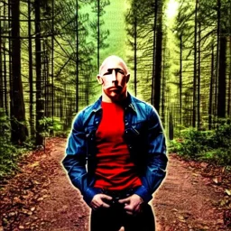 Georges st pierre with a red plaid shirt a jean and a military backpack in a creepy forest with a gun in the hands
