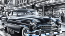 A hyper-realistic graphite drawing of a vintage car parked in front of a classic American diner. The shiny chrome details and intricate shadows bring the scene to life, capturing a nostalgic moment in time. The background features a bustling street with 1950s-style storefronts and neon signs