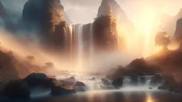 Photoreal Forgotten Realms waterfall scene at golden hour with mystical fog from the heavens