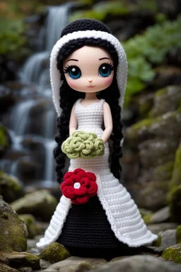 Adventure Amigurumi style, solo, looking at me, standing, full body, barby in bride dress,blurry, big beautiful chibi-style eyes, blurry background, Best quality, masterpiece,bride Art in the style of [Sack Boy | Gene Bilbrew | chibi-style | Amigurumi | Jeff Gord | Temmie | Ransom & Mitchell], unique sculptures, surreal and abstract forms through human forms, illustrative techniques and themes, prominent in magazines during the mid-20th century, detailed ink work, by Satori Canton🧸