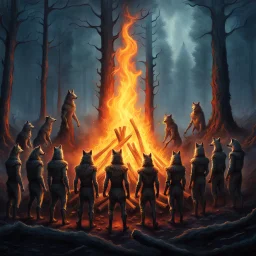 close up one large bonfire with its flames rising high in a clearing, around the bonfire many anthropomorphic wolves watching the flames. rain, cold deep colors, around them in the background dark trees with huge trunks, rainy day, high contrast, high detail, atmospheric, dark fantasy, sci-fi atmosphere, cinematic