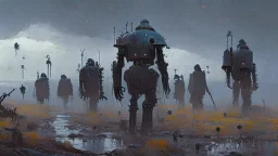 marching machine soldiers, creepy landscape, techno gothic visual composition, science fiction painting, Denis Sarazhin, Quint Buchholz, Simon Stålenhag, Neil Blomkamp, Christopher Shy, Alejandro Burdisio, RAW, gritty high contrast, atmospheric horror, unsettling art, dark palette, harsh colour