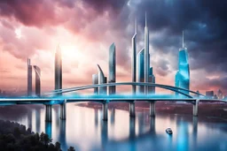 Dreamlike Skyline of Downtown futuristic hightech city in 4050 and a stunning futuristic Bridge During. dark sky, grey and black clouds , storm, dark azur-blue river, cold colors, come storm, rain, high detalied, sci-fi, landscape