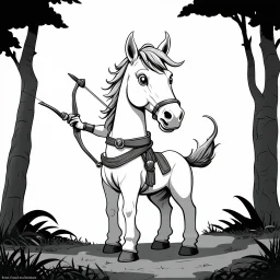 Centaur, in Greek mythology, a race of creatures, part horse and part man. Make black and white cute drawing of a centaur (part horse and part man) with black bold lines. Only outline, no grayscale. A centaur holding a bow and arrow in an enchanted forest.